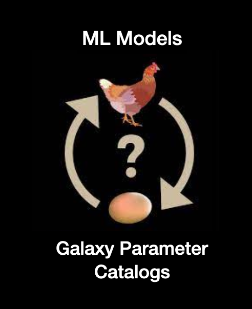 Illustration showing the chicken egg problem framed as between machine learning
										models and their produced catalog. If the ML models need catalogs to train, how are 
										we going to produce the next generation of catalogs with them.