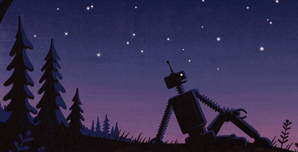 Illustrated Image by Pete Ryan of 
									a robot looking at the sky signifying machine learning in astronomy