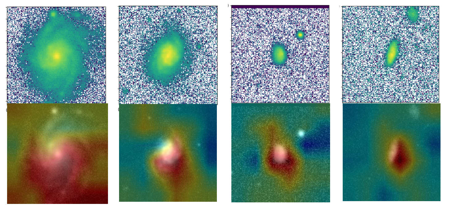 Heatmaps of class activation applied to four different galaxies
									showing regions that are heavily used by GaMorNet in its decision making
									process