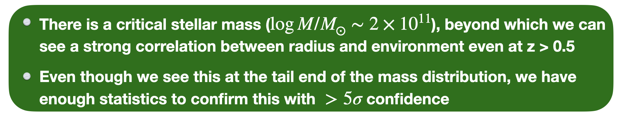 There is a critical stellar mass beyond which we can see a strong 
									correlation between radius and environment even at redshifts greater than 0.5.
									Even though we see this at the tail end of the mass distribution, 
									we have enough statistics to confirm this with more than five sigma confidence